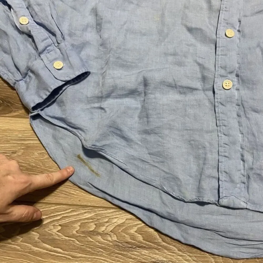 Vintage Polo Ralph Lauren Shirt Mens XL Blue 100% Linen Button‎ Up Pockets Flaws